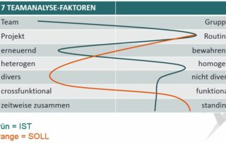 Teamfaktoren-Analyse von Teamworks GTQ: Es sind der Ist- und der Soll-Zustand eingezeichnet.