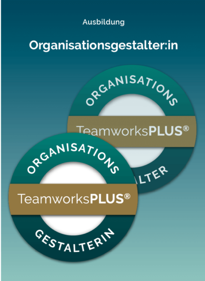 Die Siegel "Organisationsgestalter*in TeamworksPLUS®" auf blauem Hintergrund.