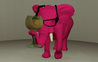 Ein Linker Elefant im Teamraum mit einer Brille und einem Weinglas.