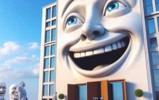 Ein Unternehmenssitz mit einer Fassade aus einem lachenden Gesicht. Es stellt sich die Frage, ob die Mitarbeitenden psychologische Sicherheit in einem Unternehmen erhalten.