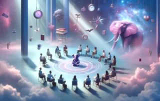 Ein stiliertes Bild von einem Teammeeting mit einem rosa Elefanten, der im Raum steht als Sinnbild für Konflikte und Widerstände in Teams.