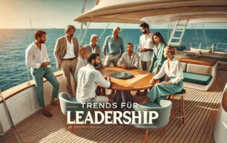 Eine professionelle Gruppe von Führungskräften tauscht sich bei einem Yachttreffen über aktuelle Führungstrends und Teamcoaching-Strategien aus.