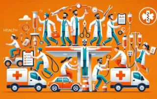 Ein humorvolles Bild eines Teams in einem medizinischen Setting mit Elementen, die Teamarbeit und Gesundheit darstellen, in petrolen und orangen Farbtönen.